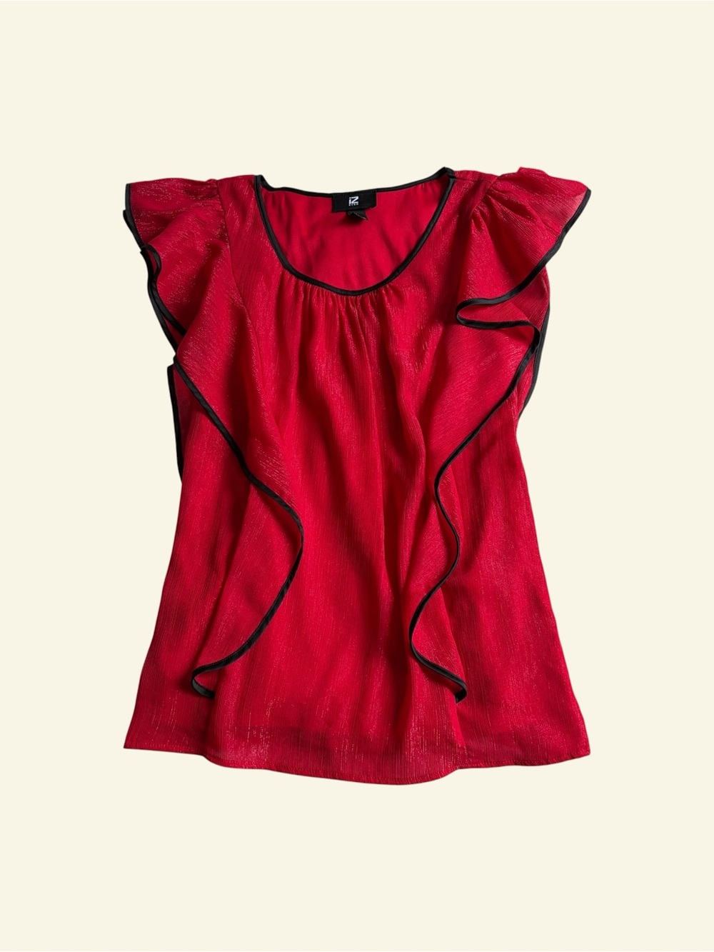 Vintage Y2K IZ Byer Red Metallic Ruffle Blouse Flutter Sleeve Party Top Size S
